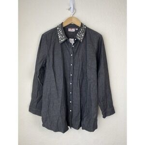 NWT Quacker Factory L Denim Shirt Button Black Rhinestone Cowgirl Western Black